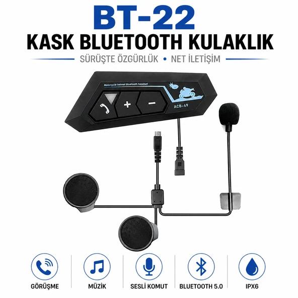 BT22 Kask Bluetooth Kulaklık 5.0  Motosiklet Intercom, Mikrofonlu, IP67 Su Geçirmez, Sesli Komut Destekli ürün görseli 1