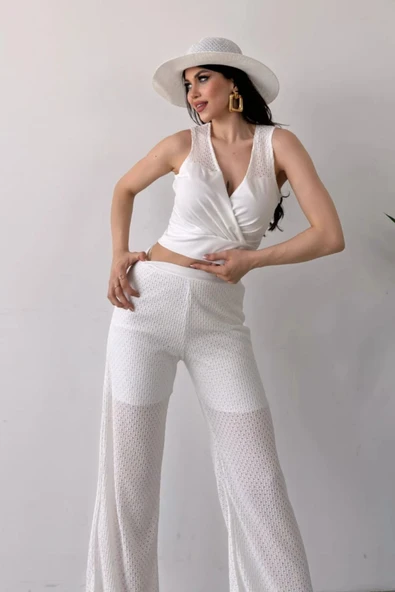 TANE TASARIM Kruvaze Yaka Crop Bluz Ve File Detaylı Pantolon Triko İkili Takım Beyaz Alt Üst Takım 024 ürün görseli 1