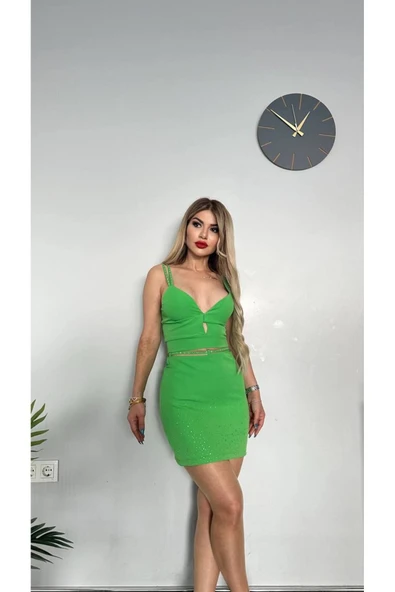 TANE TASARIM Taşlı Yeşil Etek Büstiyer Askılı Crop Alt Üst Takım 024 ürün görseli 1
