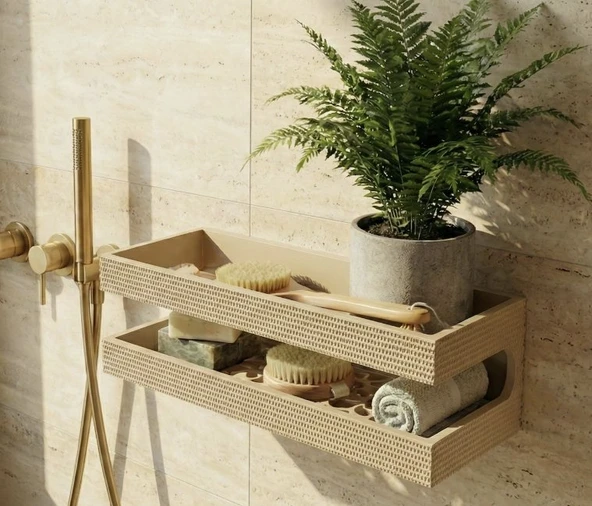 Modern Banyo Rafı - Duvara Monte İki Katlı Şampuanlık ve Havlu Düzenleyici ürün görseli 1