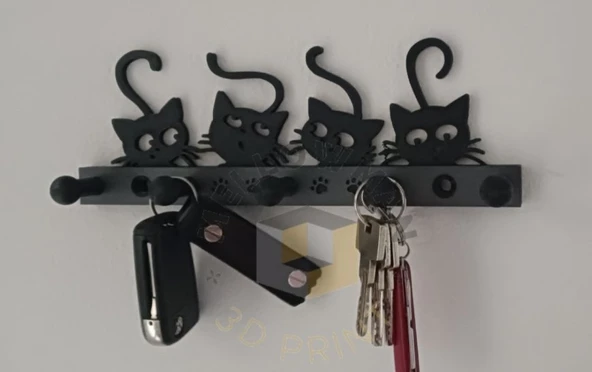 3D Tasarım 4 lü Kedi Figürlü Duvar Anahtarlığı - Dekoratif Pati Detaylı Askı ve Antre Organizer ürün görseli 1