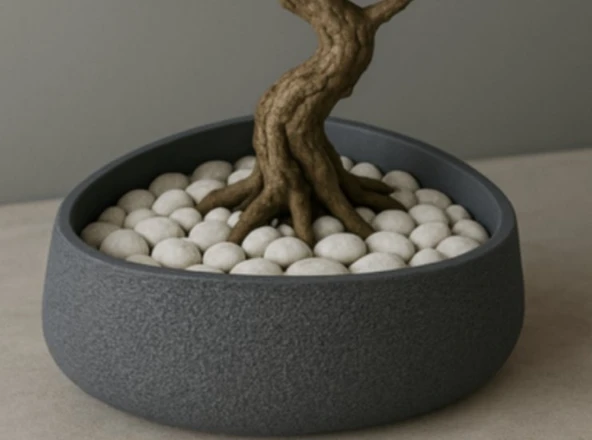 Modern Zen Serisi Taş Dokulu Dekoratif Bonsai ve Sukulent Saksısı - Estetik Alçak Tasarım Yayvan Kase ürün görseli 1