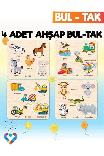 EsaKids Eğitici 4 Adet Bul-Tak Oyuncak Hayvanlar, Taşıtlar, İş Makineleri ve Orman Hayvanları 18 x 18 ürün görseli 1