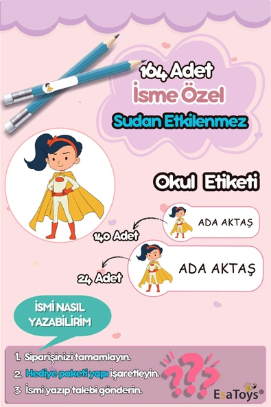 EsaKids Uçan Kız Temalı Özel İsminiz Yazılı Okul Etiketi 30 x 100 ürün görseli 1