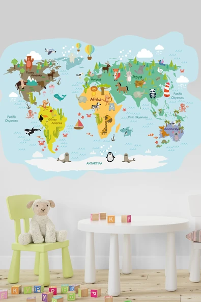 EsaKids Dünya HaritasıTemalı Çocuk Odası Sticker Seti 100 x 60 ürün görseli 1
