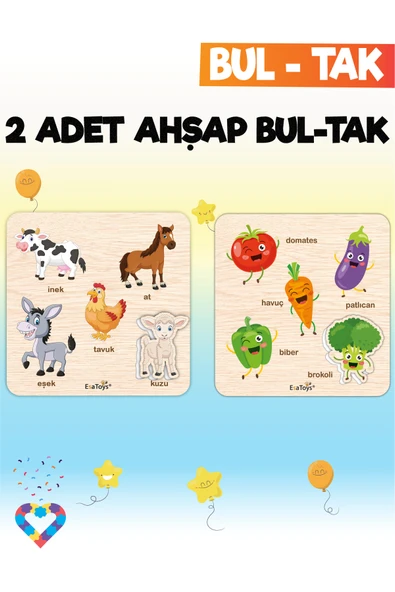 EsaKids Eğitici 2 Adet Bul-Tak Oyuncak Hayvanlar ve Sebzeler 18 x 18 ürün görseli 1