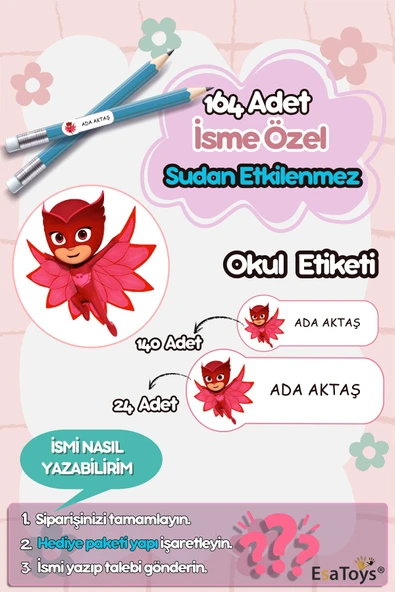 EsaKids Pijamaskeliler Temalı Özel İsminiz Yazılı Okul Etiketi 30 x 100 ürün görseli 1