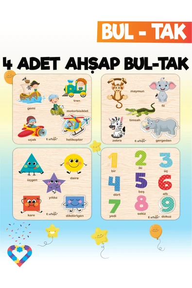 EsaKids Eğitici 4 Adet Bul-Tak Oyuncak Taşıtlar, Rakamlar, Geometrik Şekiller ve Orman Hayvanları 18 x 18 ürün görseli 1