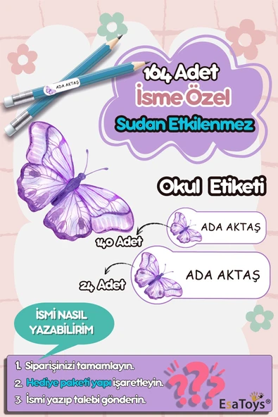 EsaKids Kelebek Temalı Özel İsminiz Yazılı Okul Etiketi 30 x 100 ürün görseli 1