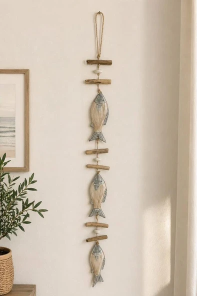El İşçiliği Doğal Ahşap Balık Figürlü Duvar Objesi 116 cm | Bohem Coastal Stil Dekoratif Duvar Sanatı ürün görseli 1