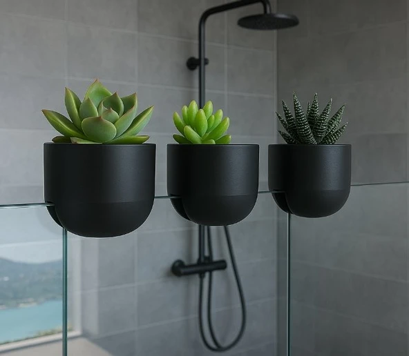 Modern Cam ve Korkuluk Askılı Saksı 1 Adet - 3D Tasarım Geçmeli Dekoratif Bitki Tutucu ve Banyo/Ofis Saksı Organizerı ürün görseli 1