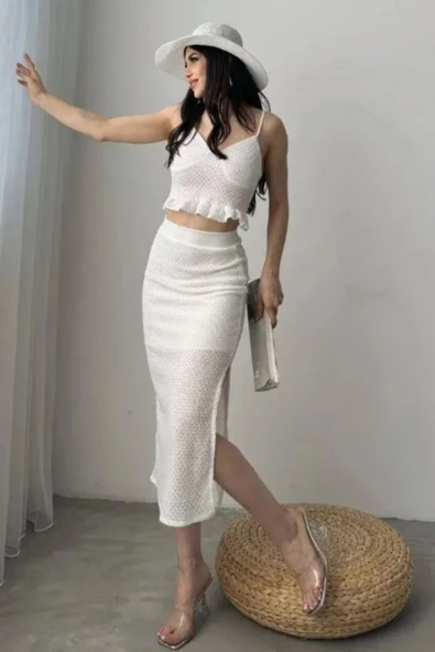 TANE TASARIM Askılı Fırfırlı Crop Bluz Fileli Etek Yazlık Triko Takım Beyaz Alt Üst Takım 024 ürün görseli 1