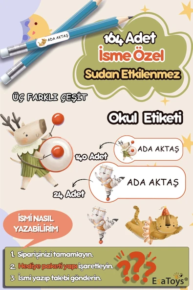 EsaKids Sevimli Hayvan Temalı Özel İsminiz Yazılı Okul Etiketi 30 x 100 ürün görseli 1