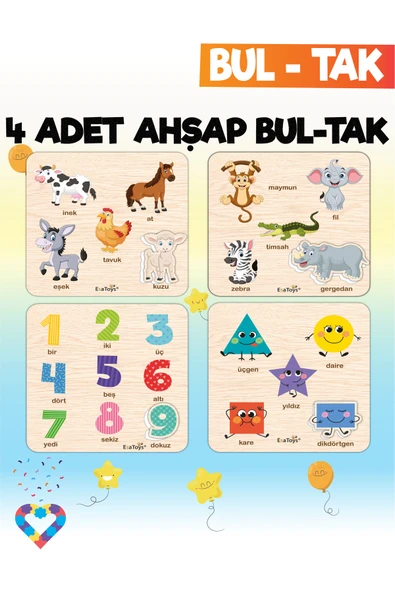 EsaKids Eğitici 4 Adet Bul-Tak Oyuncak Hayvanlar, Orman Hayvanları , Rakamlar ve Geometrik Şekiller 18 x 18 ürün görseli 1
