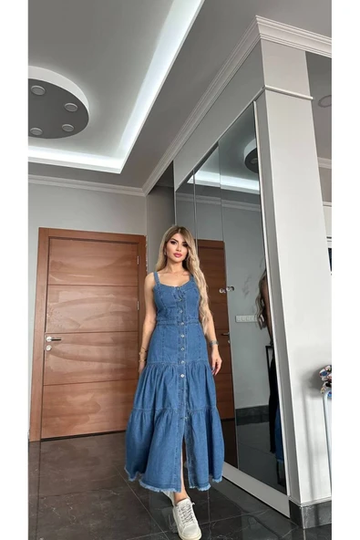 Butik YENİ SEZON KOT ELBİSE DÜĞMELİ SIRT DEKOLTELİ BAĞCIK DETAYLI ürün görseli 1
