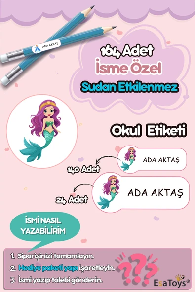 EsaKids Deniz Kızı Temalı Özel İsminiz Yazılı Okul Etiketi 30 x 100 ürün görseli 1
