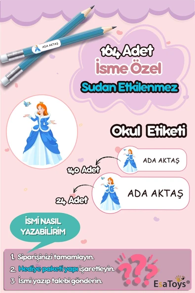 EsaKids Prenses Temalı Özel İsminiz Yazılı Okul Etiketi 30 x 100 ürün görseli 1