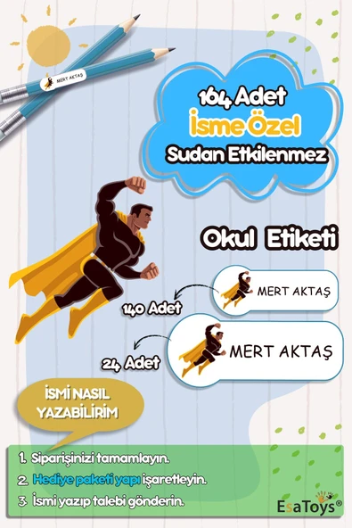 EsaKids Uçan Adam Temalı Özel İsminiz Yazılı Okul Etiketi 30 x 100 ürün görseli 1