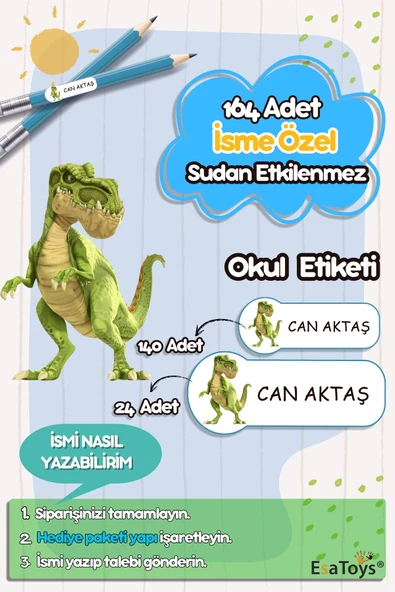 EsaKids Dinazor Temalı Özel İsminiz Yazılı Okul Etiketi 30 x 100 ürün görseli 1