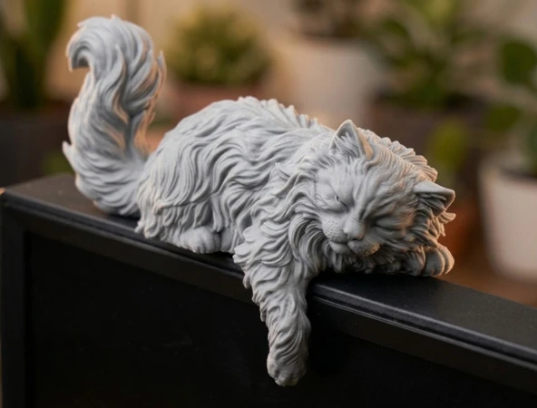 Uzun Tüylü Kedi Monitör Üstü Figürü | 3D Baskı Sevimli Masaüstü Dekorasyon Aksesuarı ürün görseli 1