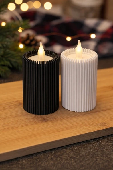 3D Tasarım Modern Çizgili Siyah Beyaz  2 li Dekoratif Mum Kuyusu - Estetik Led Mumluk ve Hediyelik Aksesuar Seti ürün görseli 1