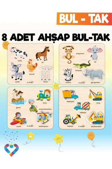 EsaKids Montessori 8’li Mega Bul‑tak Seti – 2‑5 Yaş – Ahşap Eğitici Oyuncak 18 x 18 ürün görseli 1