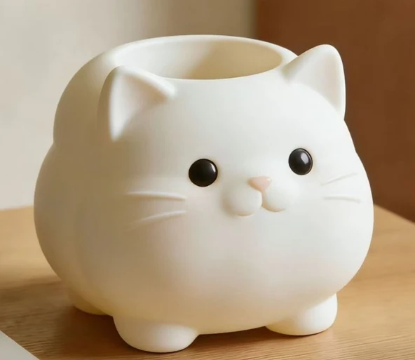 3D Tasarım Sevimli Tombul Kedi Figürlü Çok Amaçlı Düzenleyici - Mini Saksı, Kalemlik ve Masaüstü Organizer ürün görseli 1