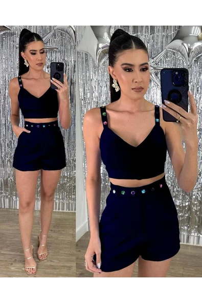 AŞİYAN DESİGN Kadın Taş işlemeli Şortlu Kemerli Crop Bluz Takım ürün görseli 1