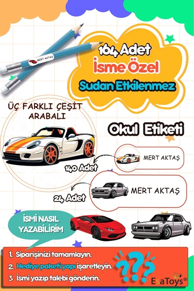 EsaKids Yarış Arabası Temalı Özel İsminiz Yazılı Okul Etiketi 30 x 100 ürün görseli 1