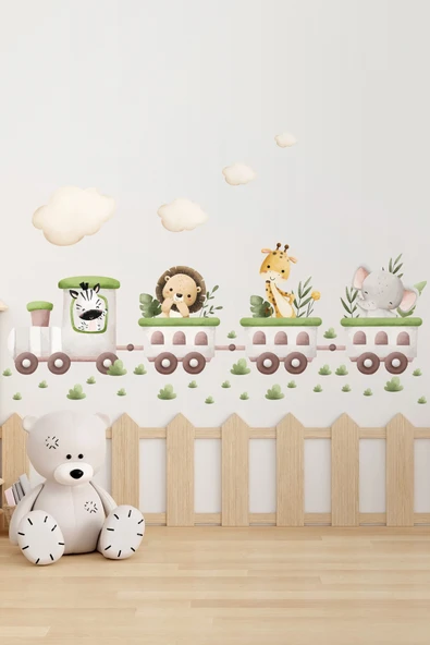 EsaKids Tren Ve Hayvanlar Temalı Sticker – Çocuk Odası Duvar Süsü – 30x100 Cm Eğlenceli Sticker Seti 100 x 30 ürün görseli 1