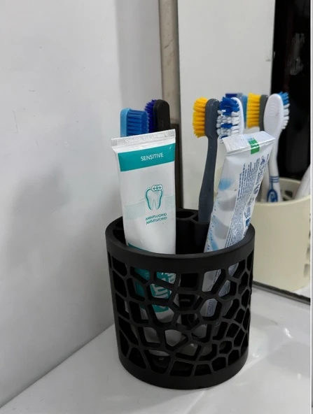 Modern Mat Siyah Geometrik Desenli Bölmeli Diş Fırçalık ve Banyo Masaüstü Düzenleyici ürün görseli 1