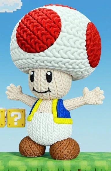 Örgü Desenli Toad Figürü - 3D Baskı Amigurumi Görünümlü Süper Mario Koleksiyon Biblosu ürün görseli 1
