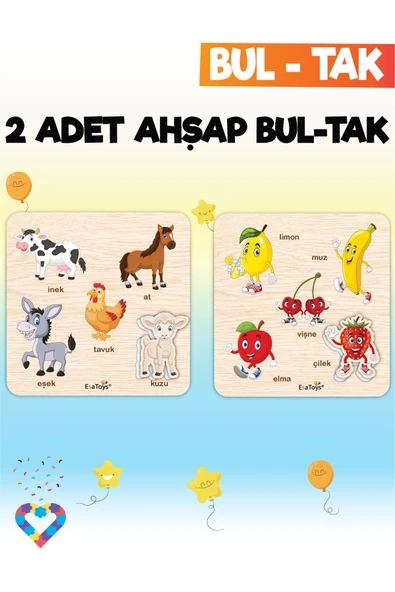 EsaKids Eğitici 2 Adet Bul-Tak Oyuncak Hayvanlar ve Meyveler 18 x 18 ürün görseli 1