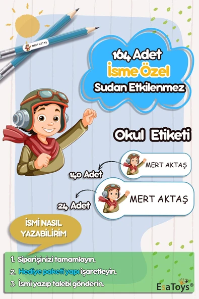 EsaKids Pilot Karakter Temalı Özel İsminiz Yazılı Okul Etiketi 30 x 100 ürün görseli 1