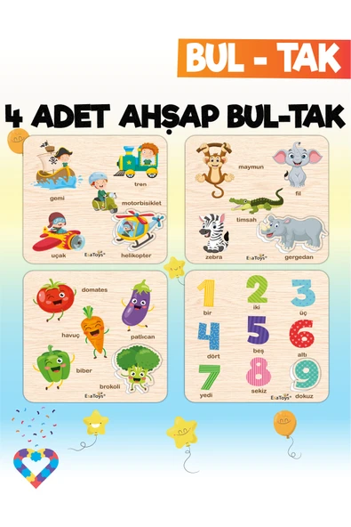 EsaKids Eğitici 4 Adet Bul-Tak Oyuncak Orman Hayvanları, Taşıtlar, Sebzeler ve Rakamlar 18 x 18 ürün görseli 1