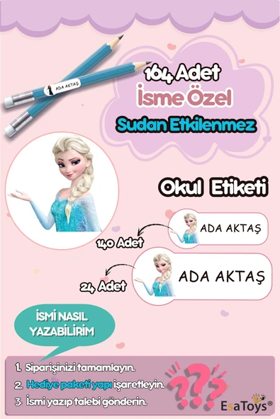EsaKids Elsa Temalı Özel İsminiz Yazılı Okul Etiketi 30 x 100 ürün görseli 1
