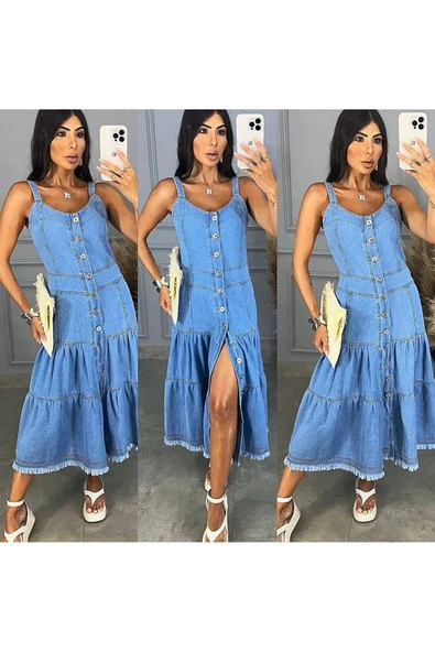 İNCİM BOUTIQUE ASKILI KOT ELBİSE ürün görseli 1