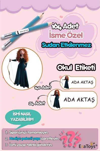 EsaKids Merida Temalı Özel İsminiz Yazılı Okul Etiketi 30 x 100 ürün görseli 1