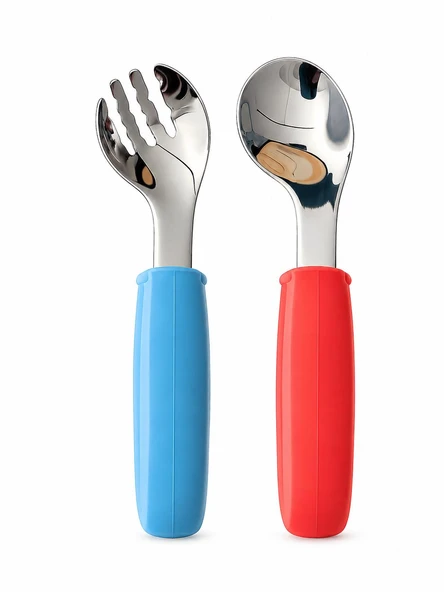 Valkyrie 2’li Çocuk Çatal Kaşık Seti 316L Paslanmaz Çelik Ergonomik Saplı Bebek Kaşık Seti Mavi-Turuncu ürün görseli 1