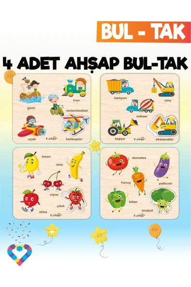 EsaKids Eğitici 4 Adet Bul-Tak Oyuncak Taşıtlar, Meyveler, Sebzeler ve İş Makineleri 18 x 18 ürün görseli 1
