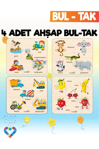 EsaKids Eğitici 4 Adet Bul-Tak Oyuncak Orman Hayvanları, İş Makineleri, Meyveler ve Taşıtlar 18 x 18 ürün görseli 1