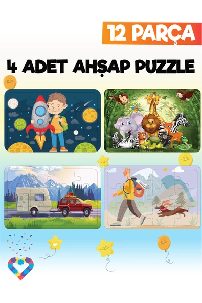 EsaKids 12 Parçalı Montessori Ahşap Puzzle – 3-4 Yaş Eğitici Oyuncak 20 x 30 ürün görseli 1