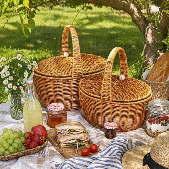Kosova Wicker 2'li Kulplu Kapaklı Hasır Piknik Sepeti Seti ürün görseli 1