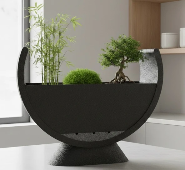 Modern Yarım Ay Tasarım Bonsai Saksısı - Dekoratif Zen Bahçesi ve Çiçeklik ürün görseli 1