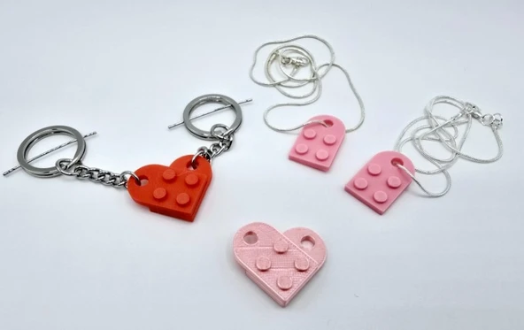 Lego Tasarım Kalp Anahtarlık ve Kolye Seti 2 li - 3D Yazıcı Baskı Sevgili Kombini ürün görseli 1