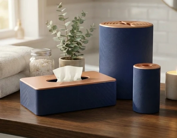 Lüks 3 lü Banyo Aksesuar Seti - Modern Lacivert Peçetelik, Fırçalık ve Düzenleyici ürün görseli 1
