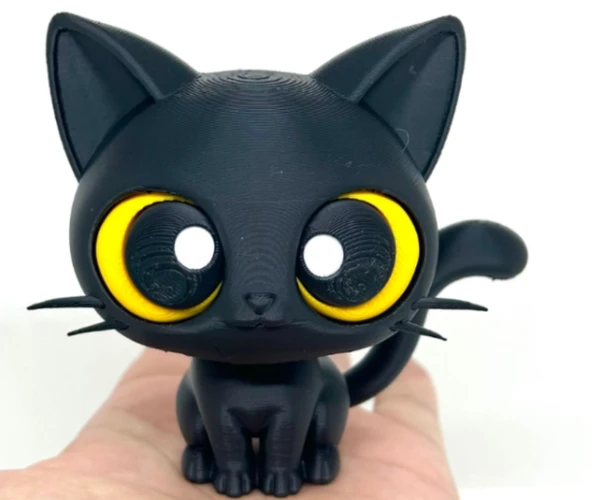 Büyük Gözlü Kara Kedi Figürü - Çok Renkli 3D Baskı - Dekoratif Minimalist Kedi Biblo ürün görseli 1