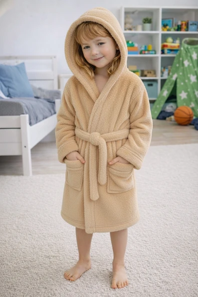 Luna Soft Kız / Erkek Çocuk Kapşonlu Pamuklu Bornoz Peluş Sabahlık Bej ürün görseli 1
