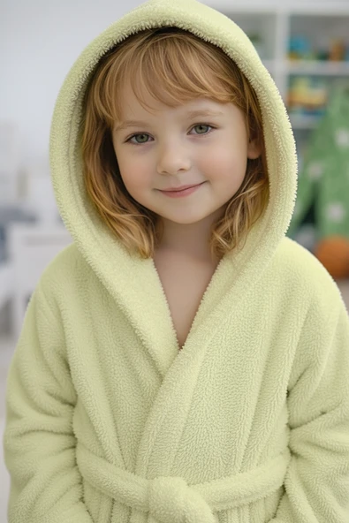 Luna Soft Kız / Erkek Çocuk Kapşonlu Pamuklu Bornoz Peluş Sabahlık Su Yeşili ürün görseli 1