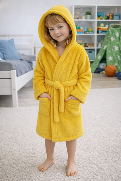 Luna Soft Kız / Erkek Çocuk Kapşonlu Pamuklu Bornoz Peluş Sabahlık Civciv Sarısı ürün görseli 1